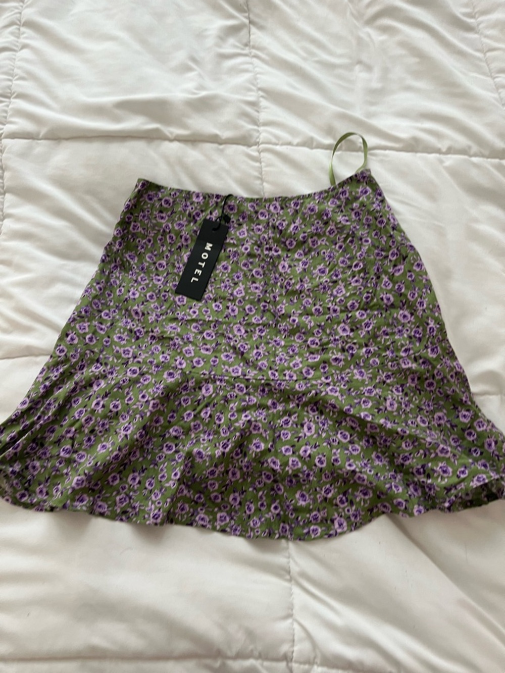 Motel Rocks Olive Green Mini Skirt with Purple Floral Print
